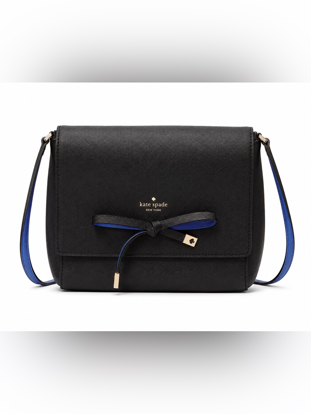 Kate Spade Bow Details Black Leather Crossbody With Blue Accents